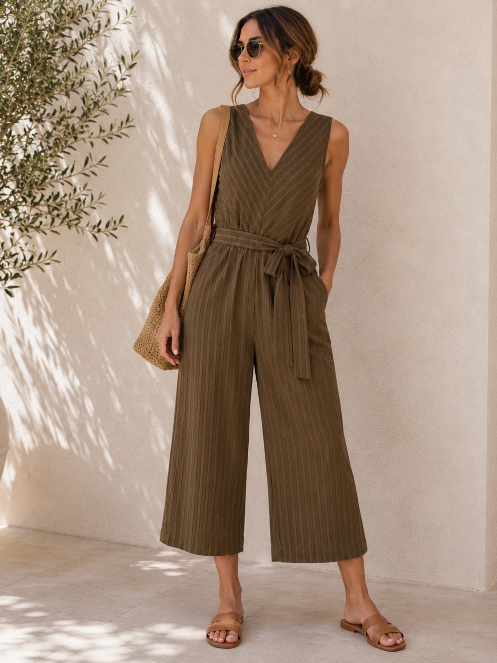 Everlane City Stripe Cropped Wide Leg Jumpsuit Olive Brown Tie Waist Size 6
